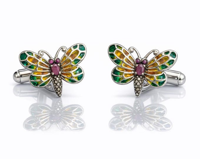 Sterling Silver Butterfly Cufflinks: Ruby & Plique-à-Jour Enamel Wings