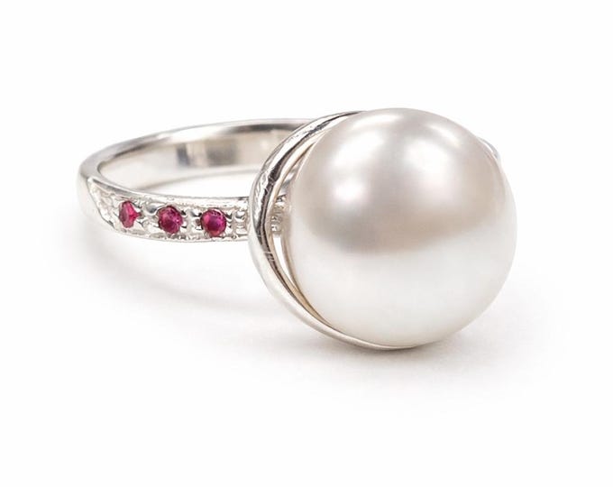Natural Freshwater Pearl and Ruby Halo Ring 925 Sterling Silver