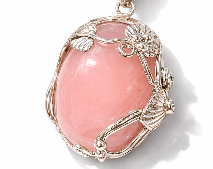 Art Nouveau Inspired Rose Quartz Floral Leaf Pendant 925 Sterling Silver
