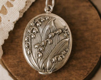 Art Nouveau Lily of the Valley Locket, 925 Sterling Silver Plate