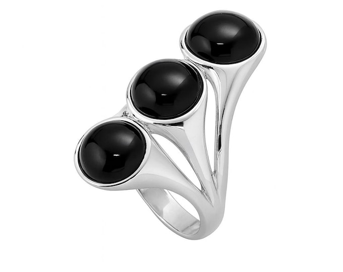 Trilogy Silver Ring with Round Black Onyx Stone 925 Sterling Silver