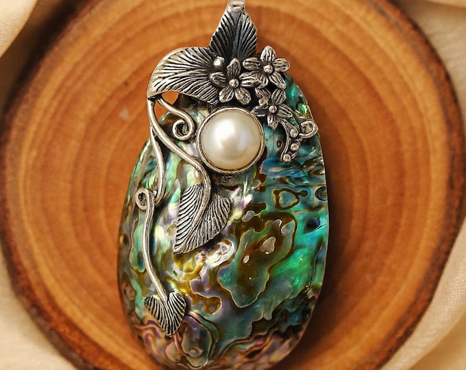 Art Nouveau Inspired Abalone Floral Leaf Freshwater Pearl Pendant 925 Sterling Silver