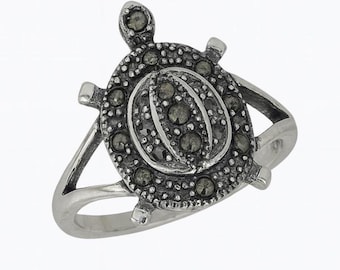 Sterling Silver Marcasite Turtle Ring, Vintage Inspired Statement Jewelry