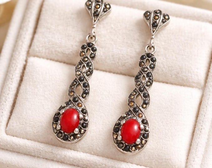 Art Deco Inspired Coral and Marcasite Earrings 925 Sterling Silver Vintage Style Dangle Jewelry