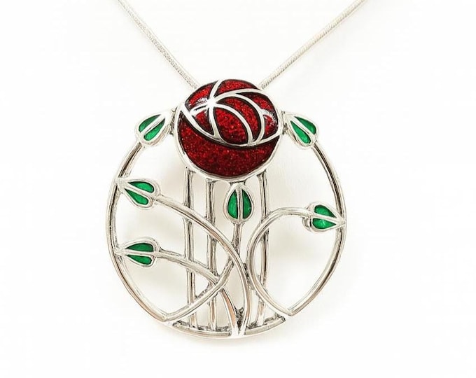 Antique Inspired Enamel Plique a Jour Rose Pendant 925 Sterling Silver