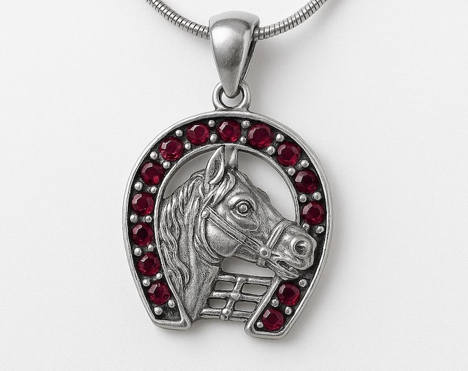 Antique Inspired Emerald and Ruby Horse Shoe Pendant 925 Sterling Silver