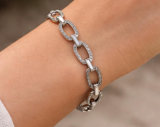 Art Deco Sterling Silver Bracelet, Mother of Pearl & Marcasite