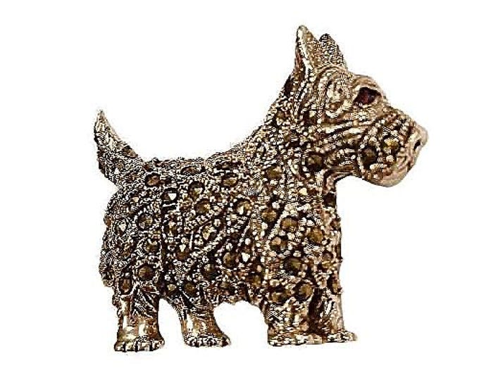 Antique Inspired Marcasite Scottie Dog Brooch Collectable 925 Sterling Silver