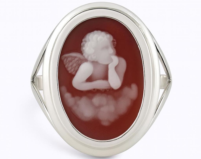 Sterling Silver Cameo Ring Vintage Style Angel Cherub Design Classic Statement Jewelry Gift for Women