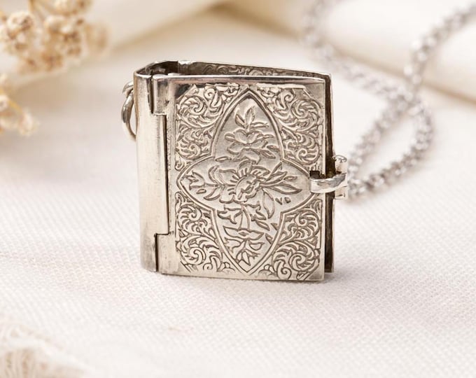 Sterling Silver Photo Book Locket Antique Style Accordion Photo Locket Necklace Holds Four Family Photos