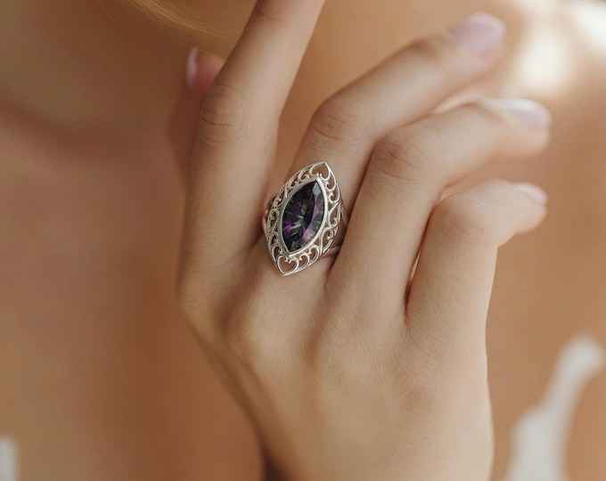 Mystic Topaz Filigree Ring, Round Purple Gemstone, 925 Sterling Silver Statement Cocktail Ring