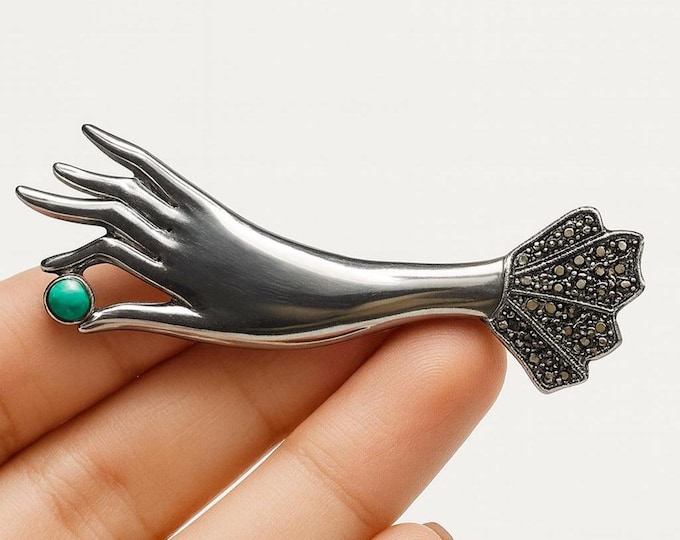 Vintage Sterling Silver Hand Brooch with Turquoise and Marcasite, Art Deco Style Jewelry, Antique Inspired Gift for Her