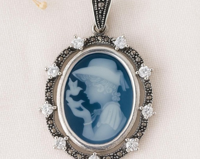 Vintage Style Silver Plated Cameo Pendant Necklace Oval Girl Profile with Marcasite and CZ Accents Victorian Inspired Statement Jewelry
