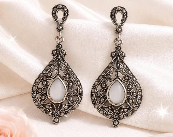 Sterling Silver Mother of Pearl Dangle Earrings, Marcasite Vintage Style