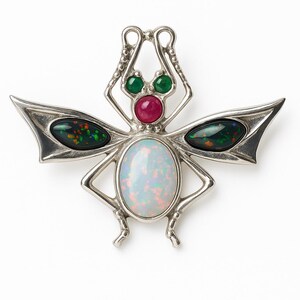 May include: A silver-toned insect brooch with an oval opal body, ruby and emerald accents, and black opal wings. The brooch has a detailed, artistic design, perfect for adding a unique touch to any outfit.