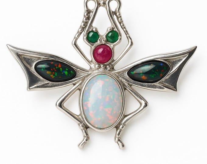 Victorian Style Insect Pin Brooch with Gilson Opal and Ruby Stone 925 Sterling Silver