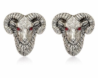 Antique Style Ram with Ruby Eyes 925 Sterling Silver Cuff Links Mens Gift