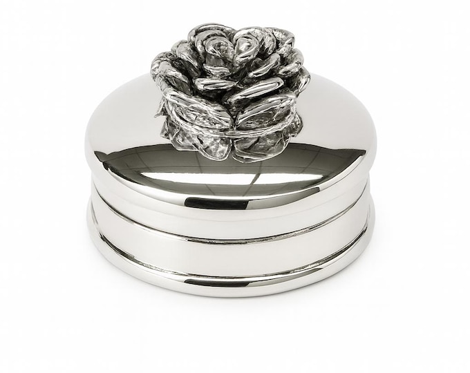 Sterling Silver Miniature Pill Box, Rose Lid, Vintage Keepsake