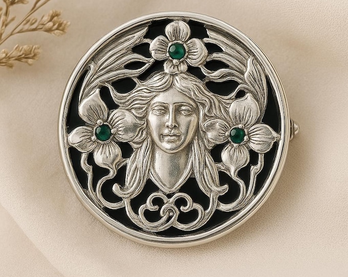 Art Nouveau Lady Emerald Floral Brooch 925 Sterling Silver Hallmarked
