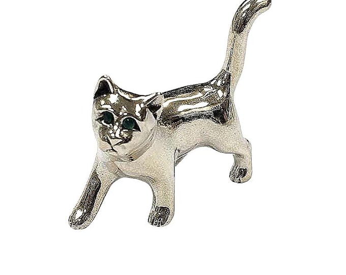 Antique Inspired Collectable Cat Kitten with Emerald Eyes Figurine 925 Sterling Silver Cat Lover Gift