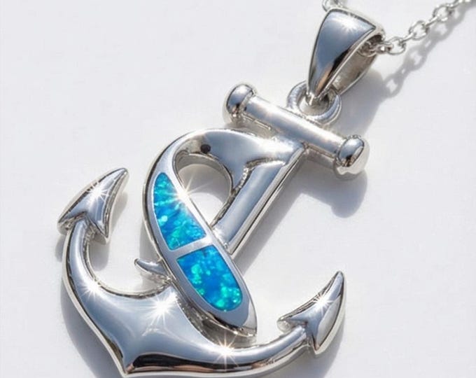 Sterling Silver Anchor Necklace with Blue Gilson Opal, Nautical Pendant, Ocean Jewelry, Beach Lover Gift, Minimalist Coastal Necklace