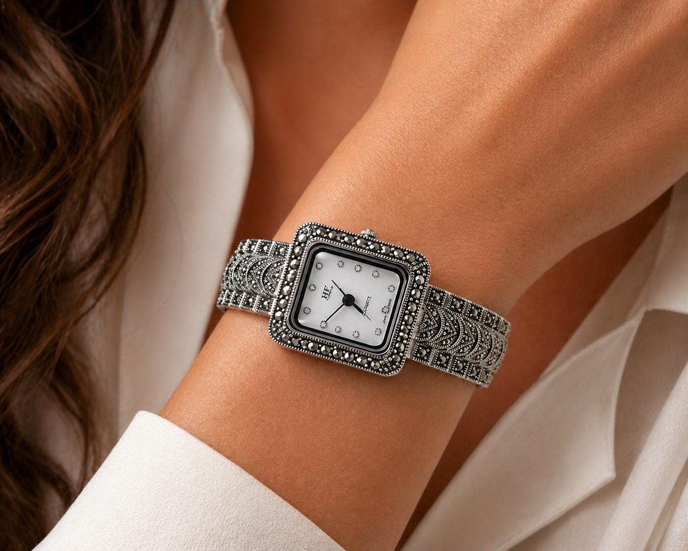 Elegant Vintage Netsuke Pearl & Marcasite Watch Vintage Judith Jack Sterling Silver Marcasite Watch: Mother  main image 2