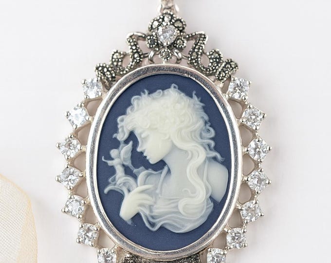 Vintage Style Silver Plated Cameo Pendant Necklace Oval Lady Profile with Marcasite and CZ Accents Victorian Inspired Statement Jewelry