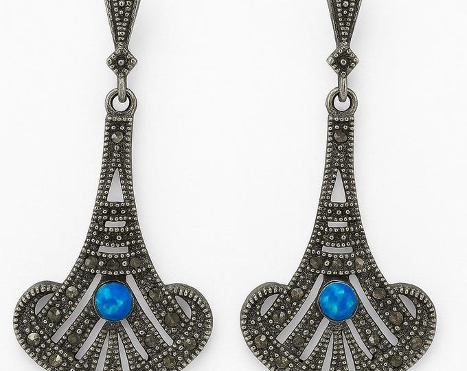 Art Deco Inspired White Blue Gilson Opal and Marcasite 925 Sterling Silver Earrings