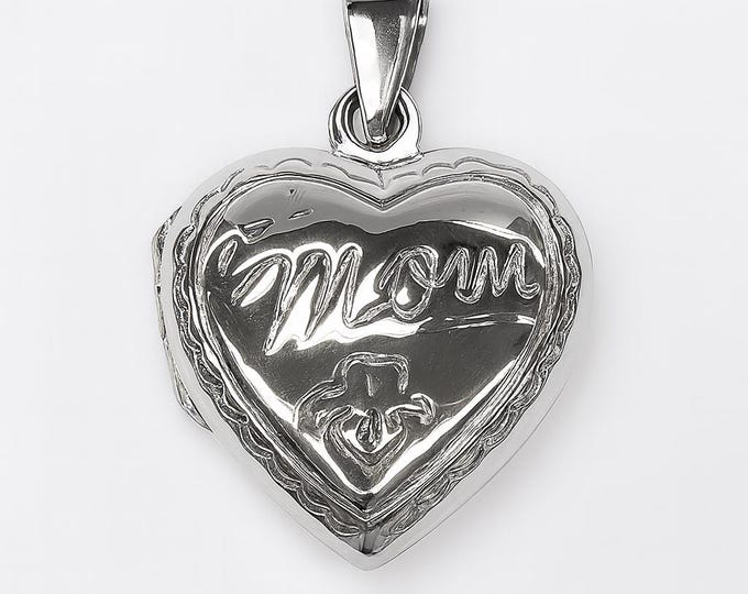 925 Sterling Silver Heart Locket Pendant Engraved 'Mom' & 'I Love You' Keepsake Necklace Gift for Mother