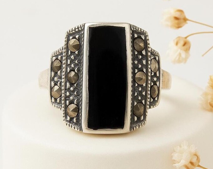 Art Deco Onyx and Turquoise Marcasite Ring Vintage Style Sterling Silver Statement Ring