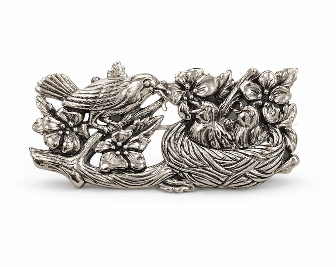 Sterling Silver Bird Nest Brooch, Vintage Floral Pin