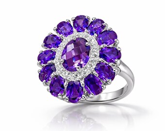 Genuine Amethyst Statement Ring, Diamond Accent Cocktail Ring, Sterling Silver Floral Cluster Ring, February Birthstone Gift