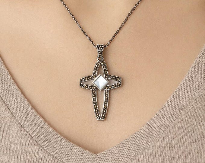 Mother of Pearl, Black Onyx and Marcasite Cross Pendant 925 Sterling Silver