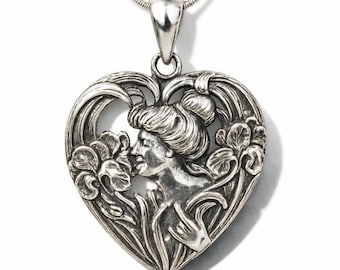 Sterling Silver Art Nouveau Lady Pendant Necklace, Mother of Pearl