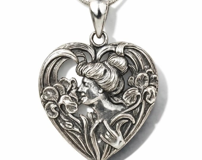Sterling Silver Art Nouveau Lady Pendant Necklace, Mother of Pearl