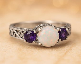 Sterling Silver Opal and Amethyst Ring Vintage Style Celtic Filigree Band, October Birthstone Jewelry, Unique Promise or Statement Ring