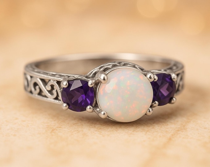 Sterling Silver Opal and Amethyst Ring Vintage Style Celtic Filigree Band, October Birthstone Jewelry, Unique Promise or Statement Ring