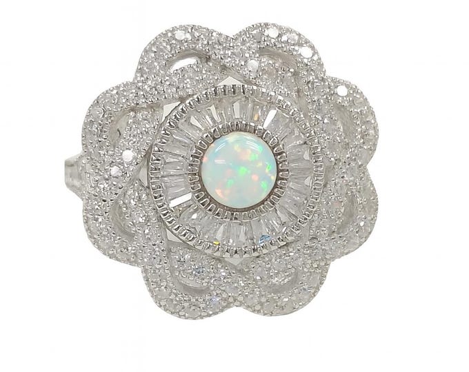 Gilson Opal and CZ Diamond Ring 925 Sterling Silver
