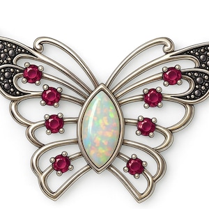 May include: Silver-toned butterfly pendant necklace with an oval opal center stone and eight round, red gemstones. The butterfly wings have a detailed design with small, dark accents. The necklace chain is also silver.