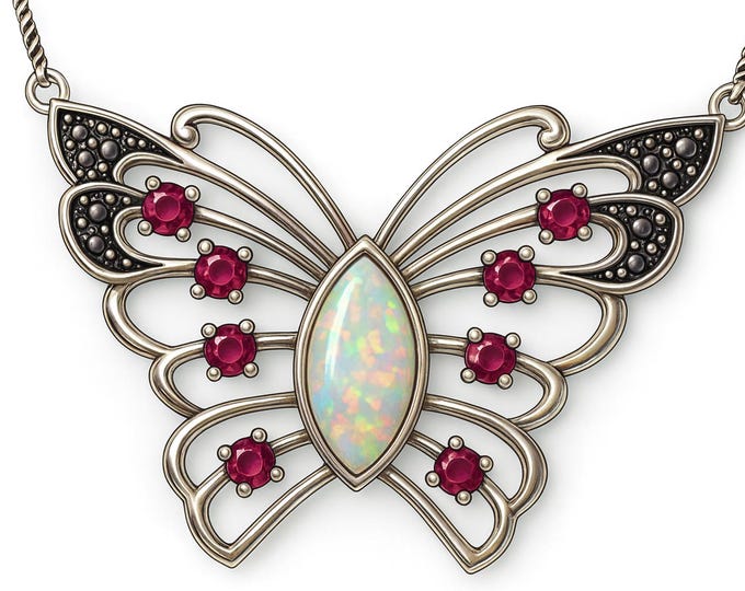Antique Style White Gilson Opal Marcasite Ruby and Emerald Butterfly Necklace 925 Sterling Silver Hallmarked