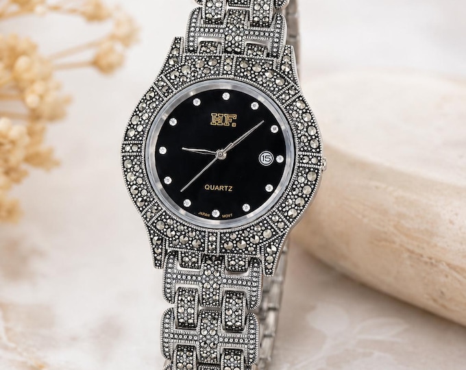 Vintage Marcasite Sterling Silver Bracelet Watch, Elegant Women’s Dress Watch