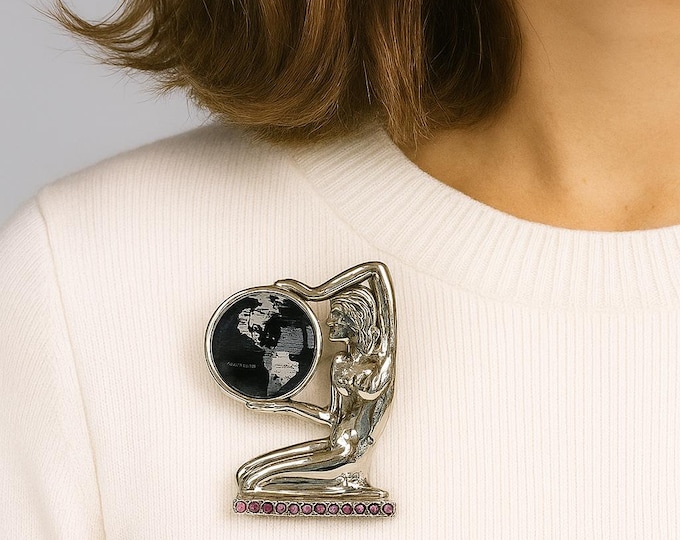 Antique Style Lady Holding Globe Brooch 925 Sterling Silver