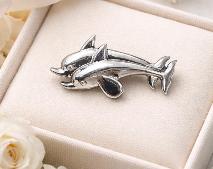 Antique-Inspired 925 Sterling Silver Double Dolphin Brooch