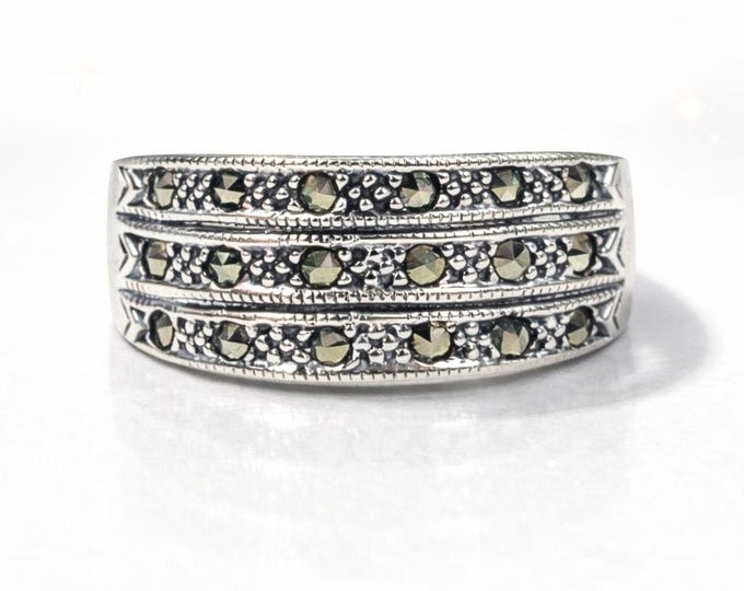 Vintage Style 925 Sterling Silver Ring with Marcasite Accents Art Deco Statement Jewelry