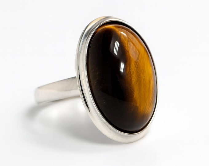 Sterling Silver Statement Ring with Natural Tiger’s Eye Gemstone Handmade Cabochon Cocktail Ring, Vintage-Style Jewelry Gift for Her