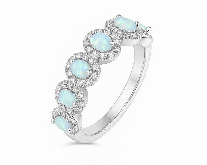 White Gilson Opal and CZ Diamond Ring 925 Sterling Silver