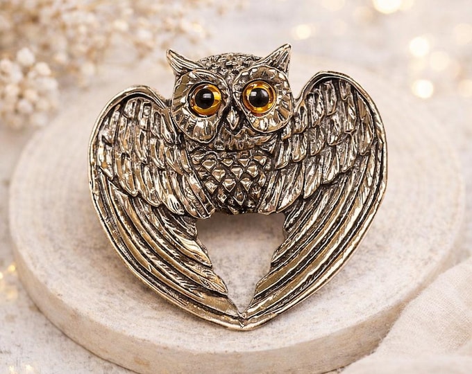 Antique Inspired Owl Glass Eye Brooch 925 Sterling Silver