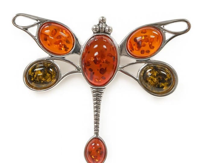 Dragonfly Amber Brooch 925 Sterling Silver
