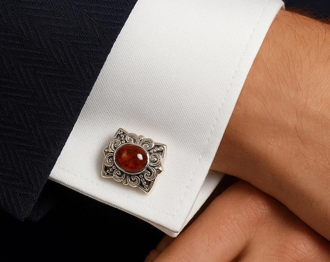 Vintage Sterling Silver Amber Cufflinks Ornate Filigree Design, Classic Men’s Jewelry, Gift for Him