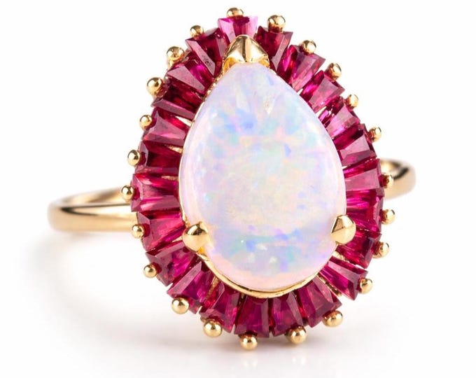 Vintage Opal and Ruby Halo Ring 14k Yellow Gold